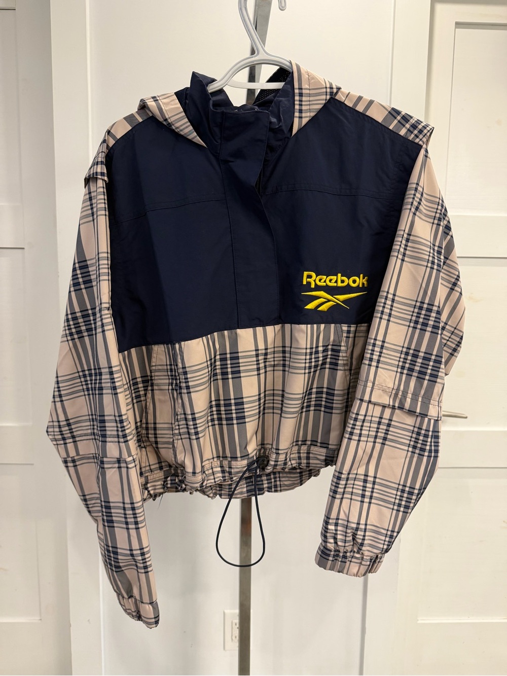 Reebok Navy & Beige Plaid Hooded Windbreaker Jacket